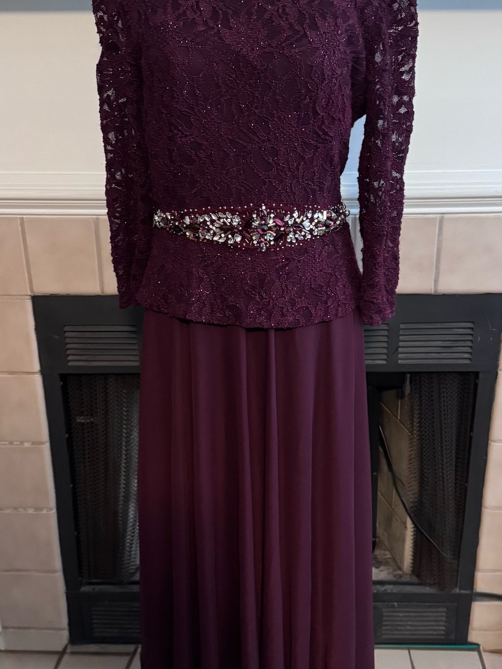 Cachet Plum Chiffon & Lace Long Sleeve Sparkling Dress with “Crystal” Waistband